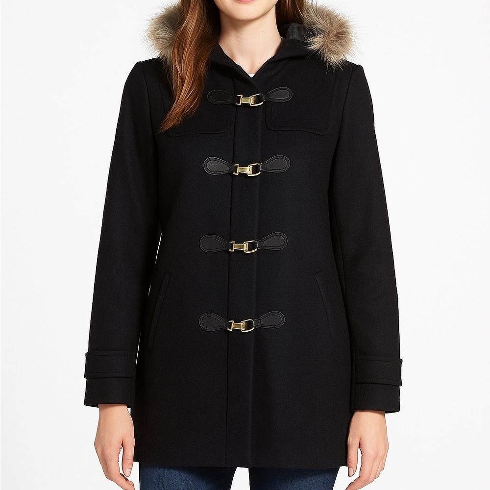 Cole Haan Signature Wool Blend Toggle Coat w/ Faux Fur Hood – Size 10 Black